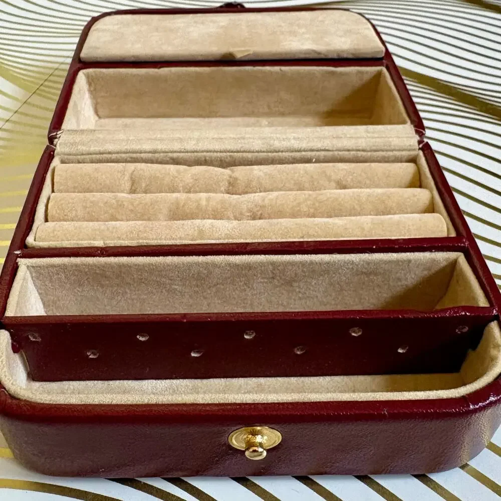 Vintage Burgundy Travel Jewelry Case Ring Roll Faux Leather Box